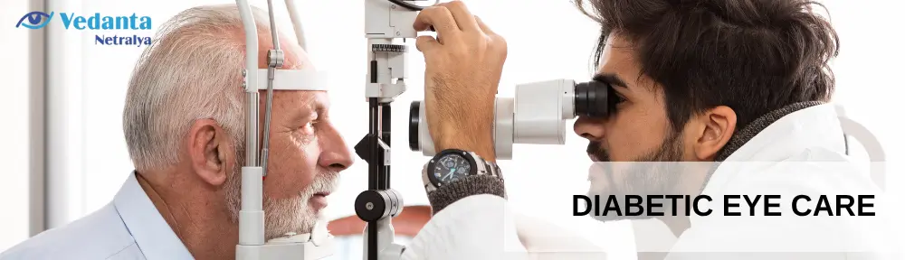 An eye specialist examining an elderly patient’s eyes using advanced equipment for diabetic eye care at Vedanta Netralya.